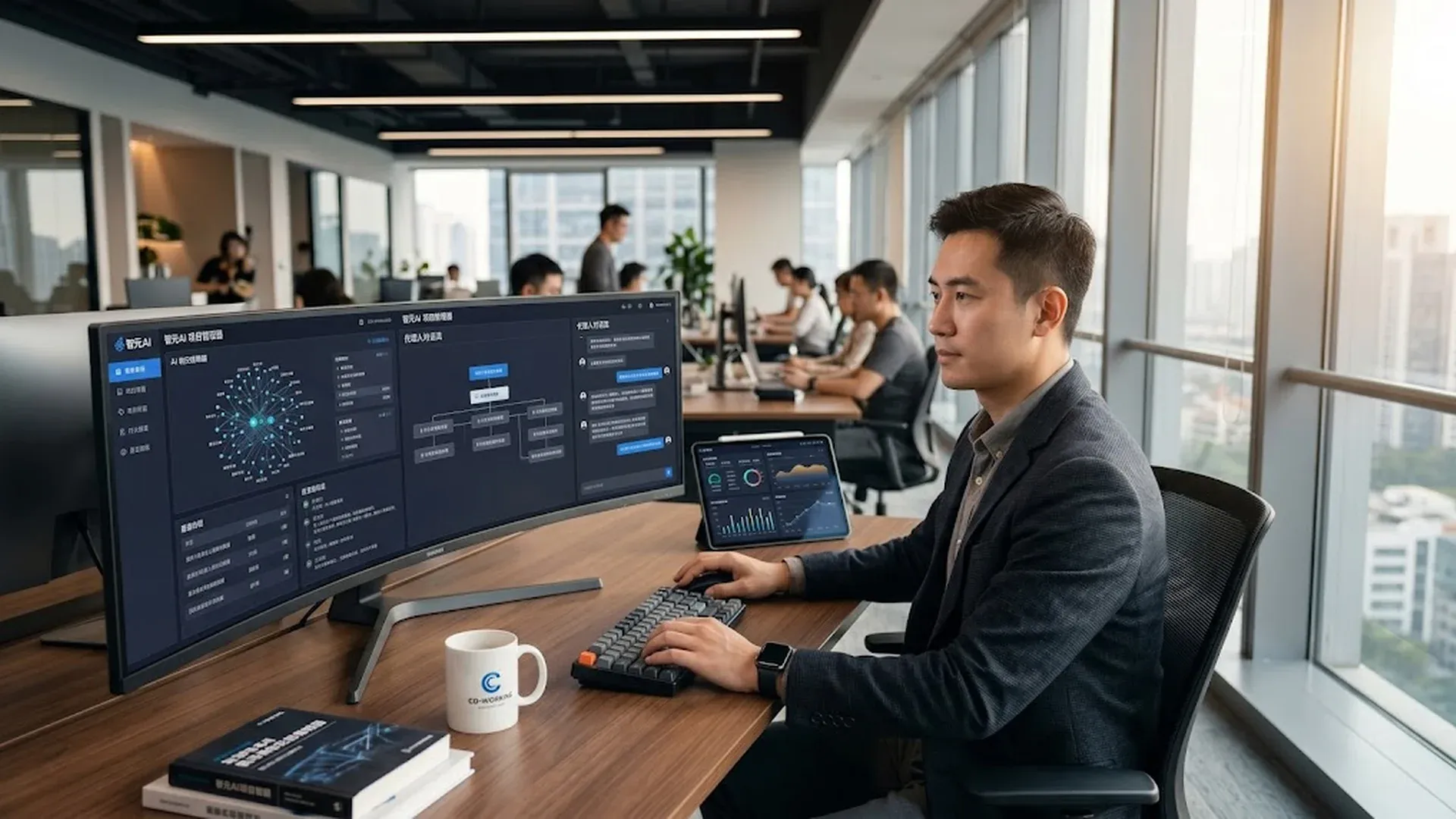 一位独立创业者坐在现代办公空间中，面前多屏幕显示AI Agent工作界面和数据面板