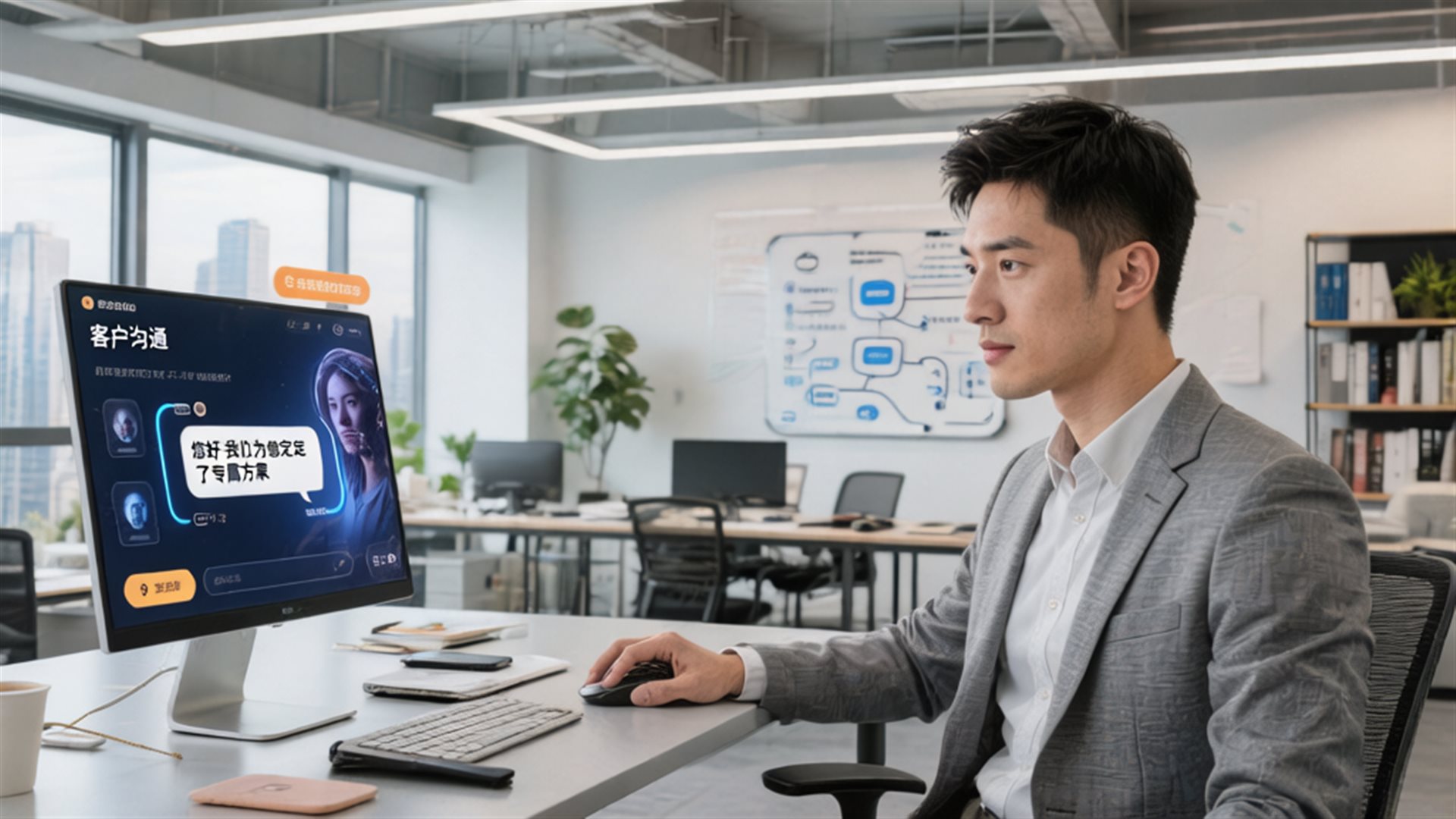 创业者在明亮的办公室中使用AI工具分析客户标签,屏幕显示个性化内容推送方案