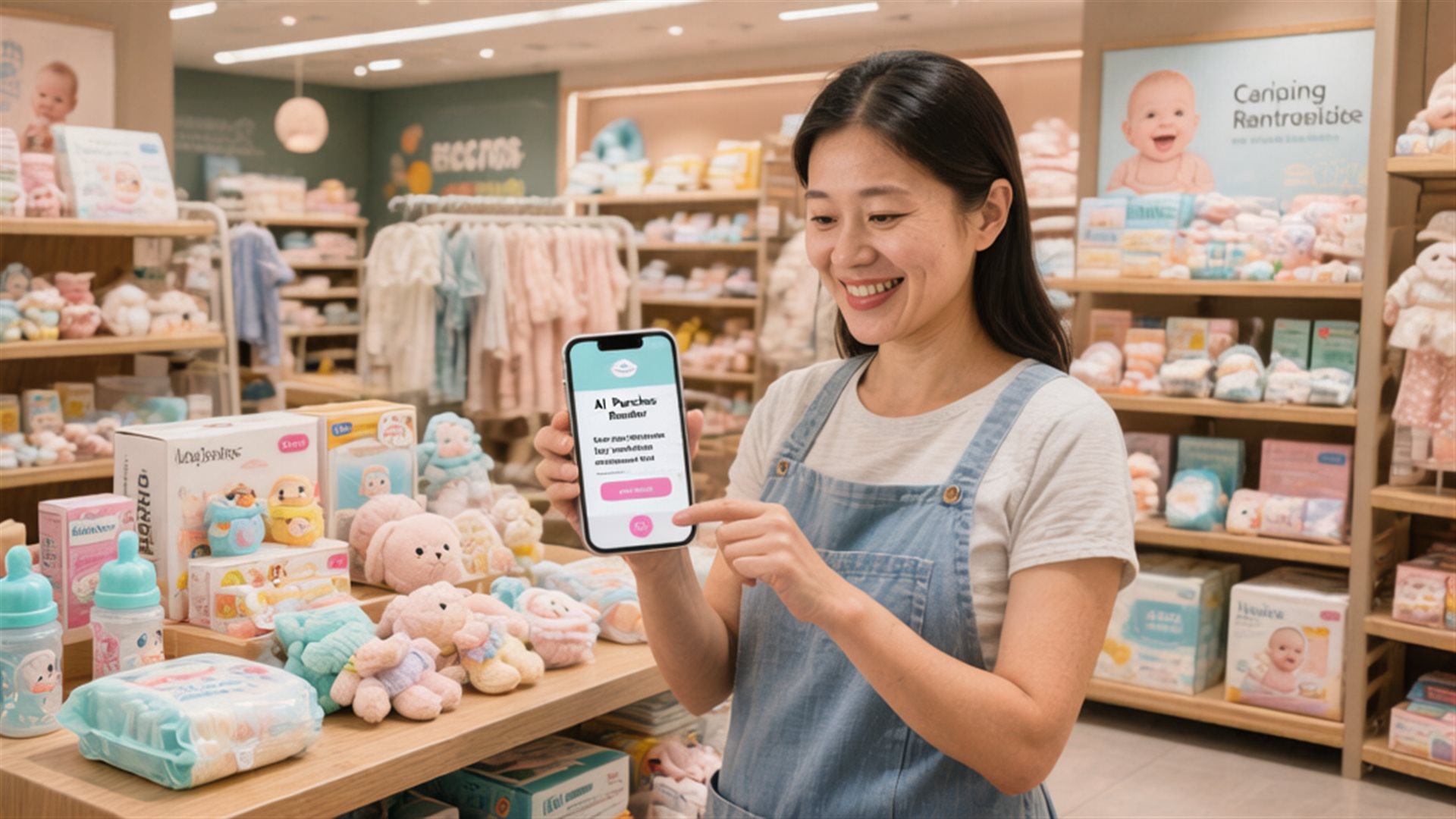 深圳商业街实体店老板看着手机上AI预测复购提醒,微笑着准备联系客户