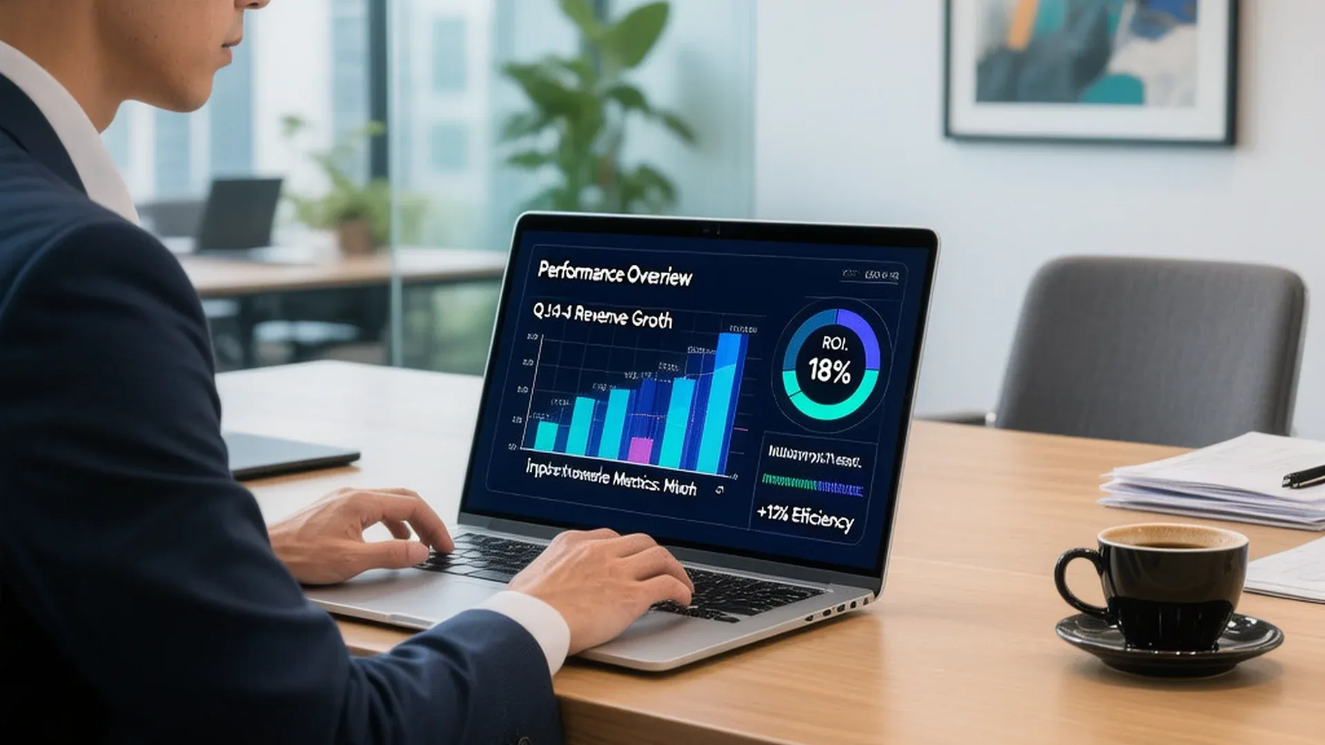 企业主在电脑前分析AI试点数据,用数据驱动决策轻量化选型