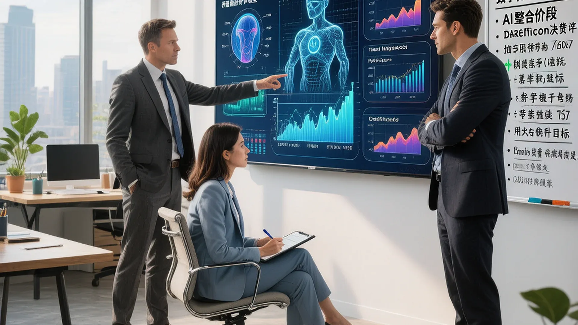 中小企业创始人在办公室与团队讨论AI选型方案,聚焦单一场景的场景