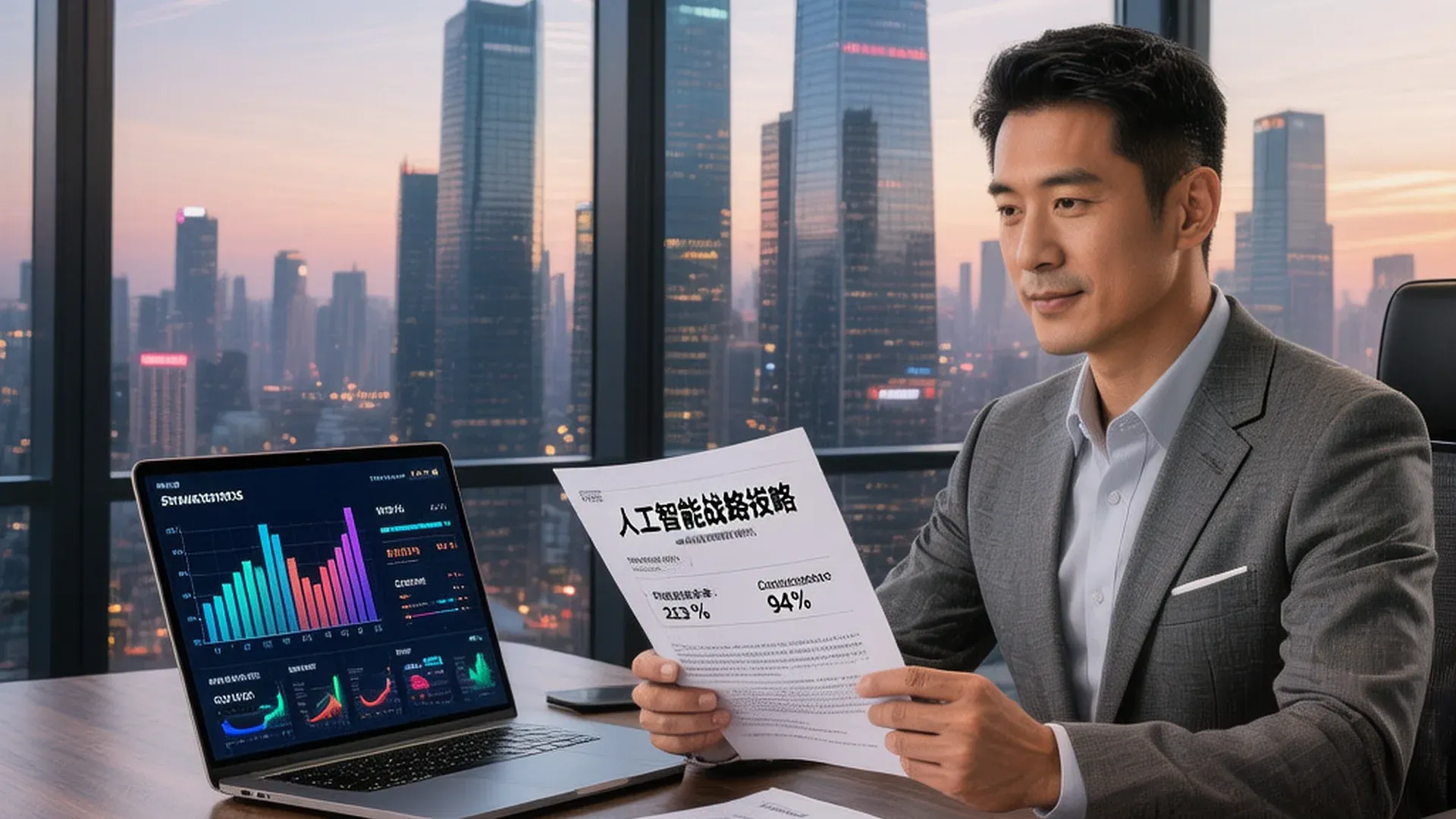 中小企业主在现代办公室中思考AI数字化转型策略