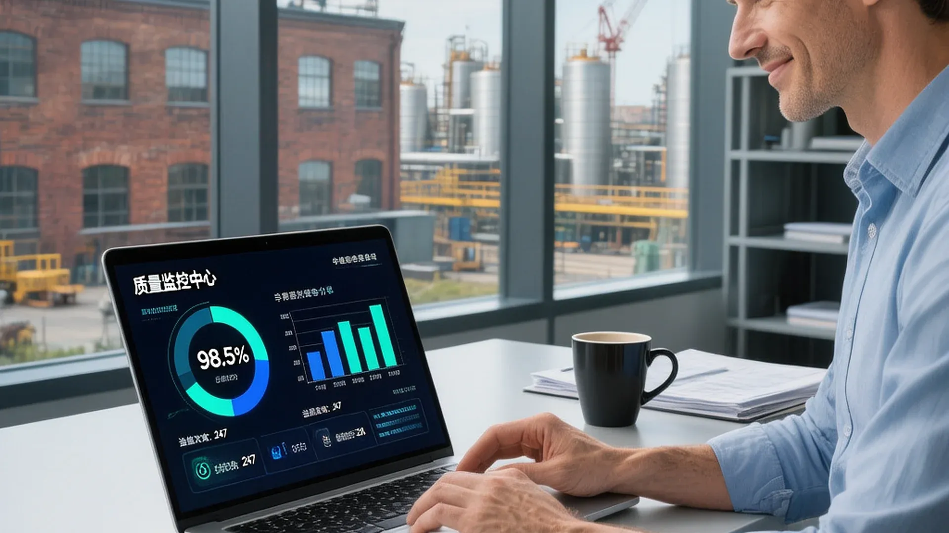 创业者审查垂直行业数据仪表盘，展示制造业AI质检数据壁垒