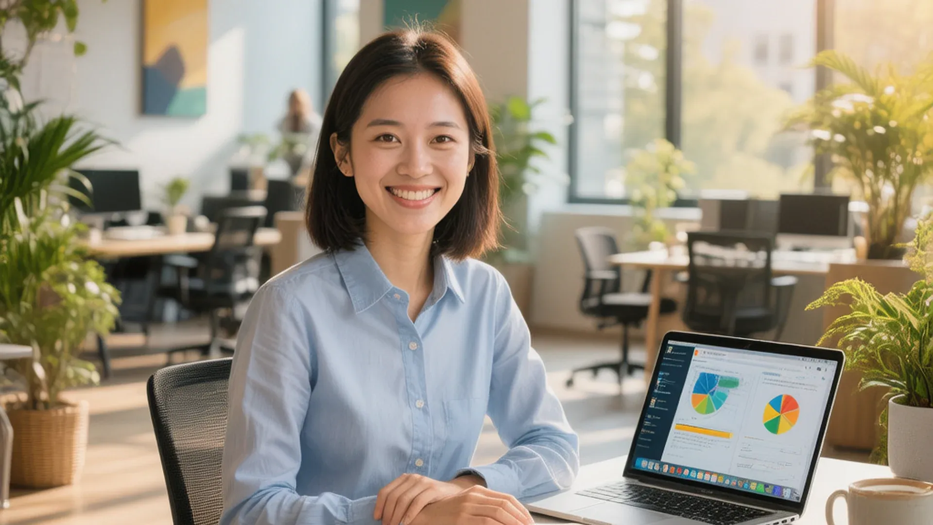 创业者站在充满活力的共享办公空间，展现创业者的自信与活力