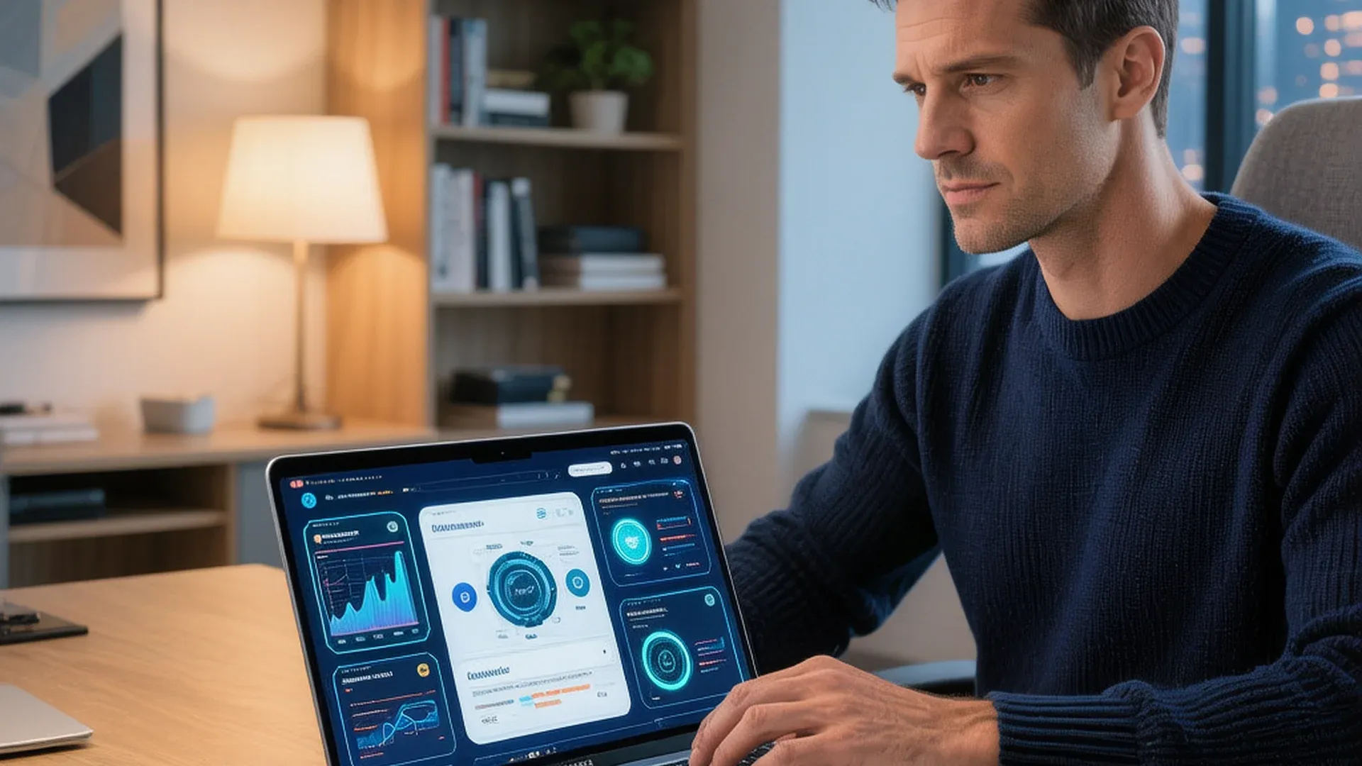 个人创业者独自在家使用AI工具工作，现代简约工作环境，专业高效